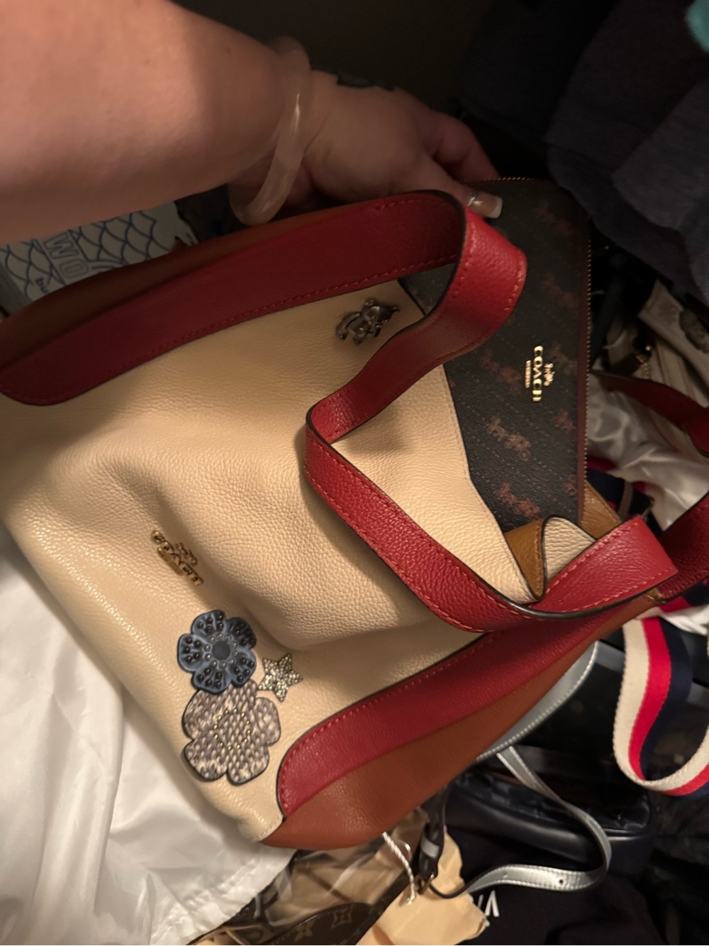Coach Cream Pebbled Leather Hobo with Red Trim & Brown Accents